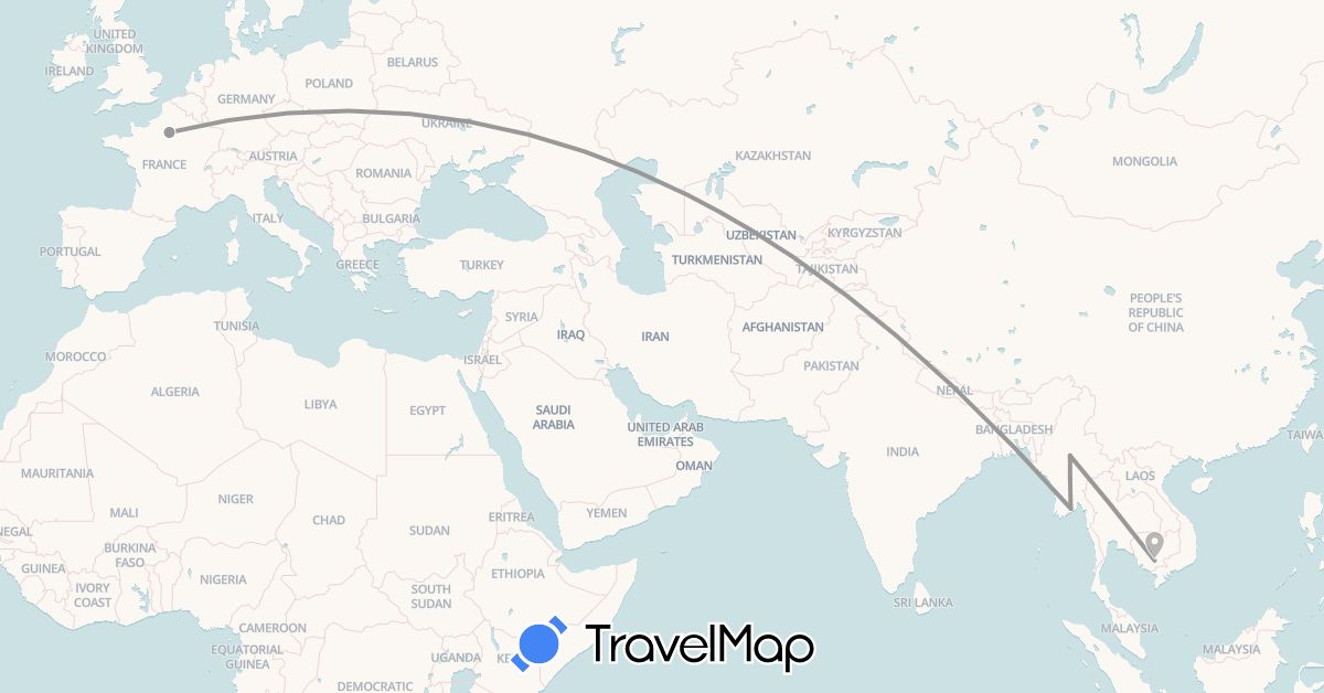 TravelMap itinerary: plane in France, Cambodia, Myanmar (Burma) (Asia, Europe)